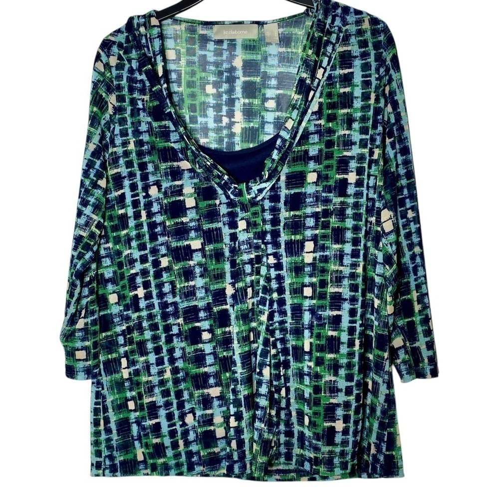 Liz Claiborne Blouse Women's L Green/Blue Geometric 3/4 Sleeve W/Cami Sheer Top
